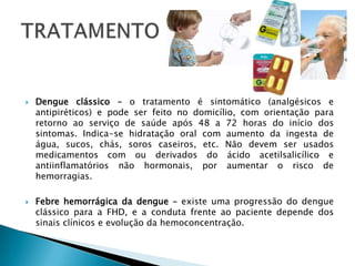  Dengue clássico – o tratamento é sintomático (analgésicos e
antipiréticos) e pode ser feito no domicílio, com orientação para
retorno ao serviço de saúde após 48 a 72 horas do início dos
sintomas. Indica-se hidratação oral com aumento da ingesta de
água, sucos, chás, soros caseiros, etc. Não devem ser usados
medicamentos com ou derivados do ácido acetilsalicílico e
antiinflamatórios não hormonais, por aumentar o risco de
hemorragias.
 Febre hemorrágica da dengue – existe uma progressão do dengue
clássico para a FHD, e a conduta frente ao paciente depende dos
sinais clínicos e evolução da hemoconcentração.
 