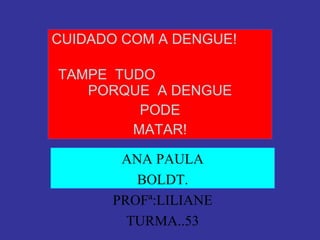 CUIDADO COM A DENGUE!  TAMPE  TUDO  PORQUE  A DENGUE PODE MATAR! ANA PAULA BOLDT. PROFª:LILIANE TURMA..53 