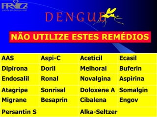 saúde em tempo real
R
H
V
I
D
A
D E N G U E
AAS Aspi-C Aceticil Ecasil
Dipirona Doril Melhoral Buferin
Endosalil Ronal Novalgina Aspirina
Atagripe Sonrisal Doloxene A Somalgin
Migrane Besaprin Cibalena Engov
Persantin S Alka-Seltzer
NÃO UTILIZE ESTES REMÉDIOS
 