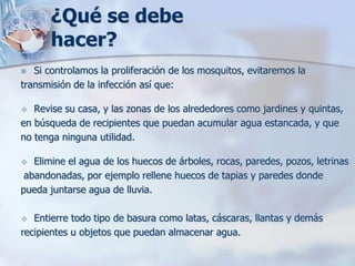 ¿Qué se debe
       hacer?
  Si controlamos la proliferación de los mosquitos, evitaremos la
transmisión de la infección así que:

  Revise su casa, y las zonas de los alrededores como jardines y quintas,
en búsqueda de recipientes que puedan acumular agua estancada, y que
no tenga ninguna utilidad.

  Elimine el agua de los huecos de árboles, rocas, paredes, pozos, letrinas
 abandonadas, por ejemplo rellene huecos de tapias y paredes donde
pueda juntarse agua de lluvia.

  Entierre todo tipo de basura como latas, cáscaras, llantas y demás
recipientes u objetos que puedan almacenar agua.
 