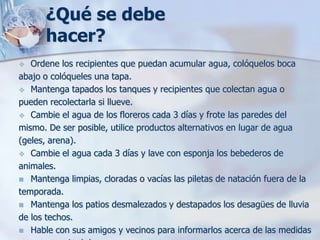 ¿Qué se debe
      hacer?
  Ordene los recipientes que puedan acumular agua, colóquelos boca
abajo o colóqueles una tapa.
 Mantenga tapados los tanques y recipientes que colectan agua o
pueden recolectarla si llueve.
 Cambie el agua de los floreros cada 3 días y frote las paredes del
mismo. De ser posible, utilice productos alternativos en lugar de agua
(geles, arena).
 Cambie el agua cada 3 días y lave con esponja los bebederos de
animales.
 Mantenga limpias, cloradas o vacías las piletas de natación fuera de la
temporada.
 Mantenga los patios desmalezados y destapados los desagües de lluvia
de los techos.
 Hable con sus amigos y vecinos para informarlos acerca de las medidas
 