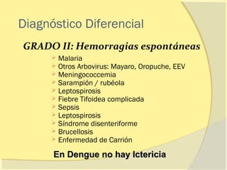 Diagnóstico Diferencial
GRADO II: Hemorragias espontáneas
         Malaria
         Otros Arbovirus: Mayaro, Oropuche, EEV
         Meningococcemia
         Sarampión / rubéola
         Leptospirosis
         Fiebre Tifoidea complicada
         Sepsis
         Leptospirosis
         Síndrome disenteriforme
         Brucellosis
         Enfermedad de Carrión
      En Dengue no hay Ictericia
 