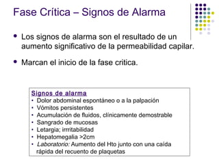 Fase Crítica – Signos de Alarma
 Los signos de alarma son el resultado de un
aumento significativo de la permeabilidad capilar.
 Marcan el inicio de la fase critica.
Signos de alarma
• Dolor abdominal espontáneo o a la palpación
• Vómitos persistentes
• Acumulación de fluidos, clínicamente demostrable
• Sangrado de mucosas
• Letargia; irrritabilidad
• Hepatomegalia >2cm
• Laboratorio: Aumento del Hto junto con una caída
rápida del recuento de plaquetas
 