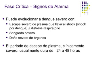 Fase Crítica – Signos de Alarma
 Puede evolucionar a dengue severo con:
 Escape severo de plasma que lleva al shock (shock
por dengue) ± distréss respiratorio
 Sangrado severo
 Daño severo de órganos
 El periodo de escape de plasma, clínicamente
severo, usualmente dura de 24 a 48 horas
 
