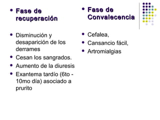  Fase deFase de
recuperaciónrecuperación
 Disminución y
desaparición de los
derrames
 Cesan los sangrados.
 Aumento de la diuresis
 Exantema tardío (6to -
10mo día) asociado a
prurito
 Fase deFase de
ConvalecenciaConvalecencia
 Cefalea,
 Cansancio fácil,
 Artromialgias
 