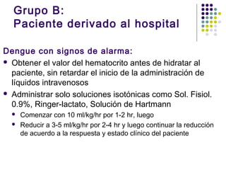Grupo B:
Paciente derivado al hospital
Dengue con signos de alarma:
 Obtener el valor del hematocrito antes de hidratar al
paciente, sin retardar el inicio de la administración de
líquidos intravenosos
 Administrar solo soluciones isotónicas como Sol. Fisiol.
0.9%, Ringer-lactato, Solución de Hartmann
 Comenzar con 10 ml/kg/hr por 1-2 hr, luego
 Reducir a 3-5 ml/kg/hr por 2-4 hr y luego continuar la reducción
de acuerdo a la respuesta y estado clínico del paciente
 