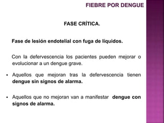 FASE CRÍTICA.
Fase de lesión endotelial con fuga de líquidos.
Con la defervescencia los pacientes pueden mejorar o
evolucionar a un dengue grave.
 Aquellos que mejoran tras la defervescencia tienen
dengue sin signos de alarma.
 Aquellos que no mejoran van a manifestar dengue con
signos de alarma.
FIEBRE POR DENGUE
 