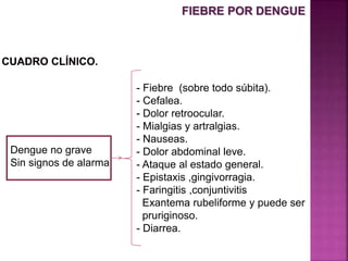 Dengue no grave
Sin signos de alarma
- Fiebre (sobre todo súbita).
- Cefalea.
- Dolor retroocular.
- Mialgias y artralgias.
- Nauseas.
- Dolor abdominal leve.
- Ataque al estado general.
- Epistaxis ,gingivorragia.
- Faringitis ,conjuntivitis
Exantema rubeliforme y puede ser
pruriginoso.
- Diarrea.
FIEBRE POR DENGUE
 