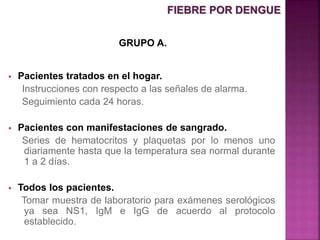  Pacientes tratados en el hogar.
Instrucciones con respecto a las señales de alarma.
Seguimiento cada 24 horas.
 Pacientes con manifestaciones de sangrado.
Series de hematocritos y plaquetas por lo menos uno
diariamente hasta que la temperatura sea normal durante
1 a 2 días.
 Todos los pacientes.
Tomar muestra de laboratorio para exámenes serológicos
ya sea NS1, IgM e IgG de acuerdo al protocolo
establecido.
GRUPO A.
FIEBRE POR DENGUE
 