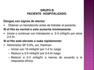 GRUPO B
PACIENTE HOSPITALIZADO.
Dengue con signos de alarma:
 Obtener un hematócrito antes de hidratar al paciente.
Si el Hto es normal o solo aumenta mínimamente:
 Iniciar o continuar con hidratación a 2-3 ml/kg/hr por otras
2-4 hr.
Si el Hto está elevado o sube rápidamente:
 Administrar SF 0.9%, sol. Hartman:
– Iniciar con 10 ml/kg/hr por 1-2 hr, luego
– Reducir a 3-5 ml/kg/hr por 2-4 hr luego
– Reducir a 2-3 ml/kg/hr o menos de acuerdo a la
respuesta clínica.
 