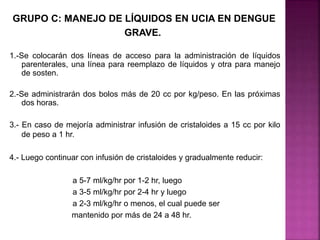 GRUPO C: MANEJO DE LÍQUIDOS EN UCIA EN DENGUE
GRAVE.
1.-Se colocarán dos líneas de acceso para la administración de líquidos
parenterales, una línea para reemplazo de líquidos y otra para manejo
de sosten.
2.-Se administrarán dos bolos más de 20 cc por kg/peso. En las próximas
dos horas.
3.- En caso de mejoría administrar infusión de cristaloides a 15 cc por kilo
de peso a 1 hr.
4.- Luego continuar con infusión de cristaloides y gradualmente reducir:
a 5-7 ml/kg/hr por 1-2 hr, luego
a 3-5 ml/kg/hr por 2-4 hr y luego
a 2-3 ml/kg/hr o menos, el cual puede ser
mantenido por más de 24 a 48 hr.
 