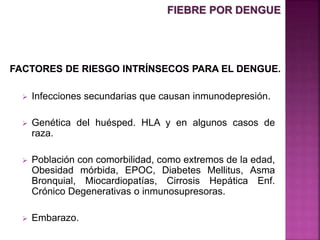  Infecciones secundarias que causan inmunodepresión.
 Genética del huésped. HLA y en algunos casos de
raza.
 Población con comorbilidad, como extremos de la edad,
Obesidad mórbida, EPOC, Diabetes Mellitus, Asma
Bronquial, Miocardiopatías, Cirrosis Hepática Enf.
Crónico Degenerativas o inmunosupresoras.
 Embarazo.
FIEBRE POR DENGUE
 