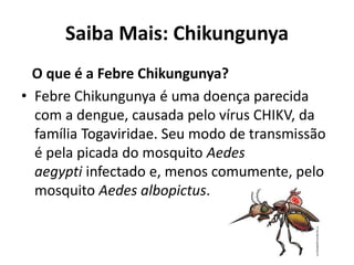 Saiba Mais: Chikungunya
O que é a Febre Chikungunya?
• Febre Chikungunya é uma doença parecida
com a dengue, causada pelo vírus CHIKV, da
família Togaviridae. Seu modo de transmissão
é pela picada do mosquito Aedes
aegypti infectado e, menos comumente, pelo
mosquito Aedes albopictus.
 