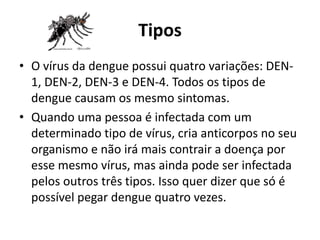 Tipos
• O vírus da dengue possui quatro variações: DEN-
1, DEN-2, DEN-3 e DEN-4. Todos os tipos de
dengue causam os mesmo sintomas.
• Quando uma pessoa é infectada com um
determinado tipo de vírus, cria anticorpos no seu
organismo e não irá mais contrair a doença por
esse mesmo vírus, mas ainda pode ser infectada
pelos outros três tipos. Isso quer dizer que só é
possível pegar dengue quatro vezes.
 