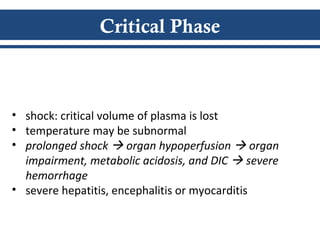 Critical Phase
• shock: critical volume of plasma is lost
• temperature may be subnormal
• prolonged shock  organ hypoperfusion  organ
impairment, metabolic acidosis, and DIC  severe
hemorrhage
• severe hepatitis, encephalitis or myocarditis
 