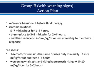 Group B (with warning signs)
Action Plan
• reference hematocrit before fluid therapy
• isotonic solutions
5–7 ml/kg/hour for 1–2 hours,
- then reduce to 3–5 ml/kg/hr for 2–4 hours,
- and then reduce to 2–3 ml/kg/hr or less according to the clinical
response
reassess:
• haematocrit remains the same or rises only minimally  2–3
ml/kg/hr for another 2–4 hours
• worsening vital signs and rising haematocrit rising  5–10
ml/kg/hour for 1–2 hours
 