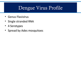 Dengue Virus Profile
• Genus Flavivirus
• Single stranded RNA
• 4 Serotypes
• Spread by Ades mosquitoes
 