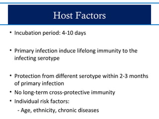 Host Factors
• Incubation period: 4-10 days
• Primary infection induce lifelong immunity to the
infecting serotype
• Protection from different serotype within 2-3 months
of primary infection
• No long-term cross-protective immunity
• Individual risk factors:
- Age, ethnicity, chronic diseases
 