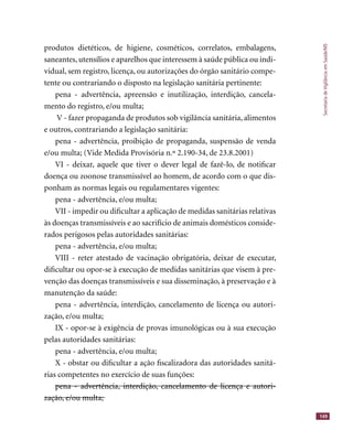 SecretariadeVigilânciaemSaúde/MS
149
produtos dietéticos, de higiene, cosméticos, correlatos, embalagens,
saneantes, utensílios e aparelhos que interessem à saúde pública ou indi-
vidual, sem registro, licença, ou autorizações do órgão sanitário compe-
tente ou contrariando o disposto na legislação sanitária pertinente:
pena - advertência, apreensão e inutilização, interdição, cancela-
mento do registro, e/ou multa;
V - fazer propaganda de produtos sob vigilância sanitária, alimentos
e outros, contrariando a legislação sanitária:
pena - advertência, proibição de propaganda, suspensão de venda
e/ou multa; (Vide Medida Provisória n.º 2.190-34, de 23.8.2001)
VI - deixar, aquele que tiver o dever legal de fazê-lo, de notiﬁcar
doença ou zoonose transmissível ao homem, de acordo com o que dis-
ponham as normas legais ou regulamentares vigentes:
pena - advertência, e/ou multa;
VII - impedir ou diﬁcultar a aplicação de medidas sanitárias relativas
às doenças transmissíveis e ao sacrifício de animais domésticos conside-
rados perigosos pelas autoridades sanitárias:
pena - advertência, e/ou multa;
VIII - reter atestado de vacinação obrigatória, deixar de executar,
diﬁcultar ou opor-se à execução de medidas sanitárias que visem à pre-
venção das doenças transmissíveis e sua disseminação, à preservação e à
manutenção da saúde:
pena - advertência, interdição, cancelamento de licença ou autori-
zação, e/ou multa;
IX - opor-se à exigência de provas imunológicas ou à sua execução
pelas autoridades sanitárias:
pena - advertência, e/ou multa;
X - obstar ou diﬁcultar a ação ﬁscalizadora das autoridades sanitá-
rias competentes no exercício de suas funções:
pena - advertência, interdição, cancelamento de licença e autori-pena - advertência, interdição, cancelamento de licença e autori-
zação, e/ou multa;zação, e/ou multa;
 