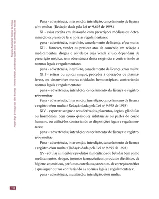 ProgramaNacionaldeControledaDengue
Amparolegalàexecuçãodasaçõesdecampo–imóveisfechados,abandonadosoucomacessonãopermitidopelomorador
150
Pena - advertência, intervenção, interdição, cancelamento de licença
e/ou multa; (Redação dada pela Lei nº 9.695 de 1998)
XI - aviar receita em desacordo com prescrições médicas ou deter-
minação expressa de lei e normas regulamentares:
pena - advertência, interdição, cancelamento de licença, e/ou multa;
XII - fornecer, vender ou praticar atos de comércio em relação a
medicamentos, drogas e correlatos cuja venda e uso dependam de
prescrição médica, sem observância dessa exigência e contrariando as
normas legais e regulamentares:
pena - advertência, interdição, cancelamento da licença, e/ou multa;
XIII - retirar ou aplicar sangue, proceder a operações de plasma-
ferese, ou desenvolver outras atividades hemoterápicas, contrariando
normas legais e regulamentares:
pena - advertência, interdição, cancelamento da licença e registro,pena - advertência, interdição, cancelamento da licença e registro,
e/ou multa;e/ou multa;
Pena - advertência, intervenção, interdição, cancelamento da licença
e registro e/ou multa; (Redação dada pela Lei nº 9.695 de 1998)
XIV - exportar sangue e seus derivados, placentas, órgãos, glândulas
ou hormônios, bem como quaisquer substâncias ou partes do corpo
humano, ou utilizá-los contrariando as disposições legais e regulamen-
tares:
pena - advertência, interdição, cancelamento de licença e registro,pena - advertência, interdição, cancelamento de licença e registro,
e/ou multa.e/ou multa.
Pena - advertência, intervenção, interdição, cancelamento de licença
e registro e/ou multa; (Redação dada pela Lei nº 9.695 de 1998)
XV - rotular alimentos e produtos alimentícios ou bebidas bem como
medicamentos, drogas, insumos farmacêuticos, produtos dietéticos, de
higiene,cosméticos,perfumes,correlatos,saneantes,de correção estética
e quaisquer outros contrariando as normas legais e regulamentares:
pena - advertência, inutilização, interdição, e/ou multa;
 