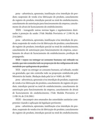 SecretariadeVigilânciaemSaúde/MS
153
pena - advertência, apreensão, inutilização e/ou interdição do pro-
duto; suspensão de venda e/ou fabricação do produto, cancelamento
do registro do produto, interdição parcial ou total do estabelecimento,
cancelamento de autorização para funcionamento da empresa, cancela-
mento do alvará de licenciamento do estabelecimento;
XXIX - transgredir outras normas legais e regulamentares desti-
nadas à proteção da saúde: (Vide Medida Provisória nº 2.190-34, de
23.8.2001)
pena - advertência, apreensão, inutilização e/ou interdição do pro-
duto; suspensão de venda e/ou de fabricação do produto, cancelamento
do registro do produto; interdição parcial ou total do estabelecimento,
cancelamento de autorização para funcionamento da empresa, cance-
lamento do alvará de licenciamento do estabelecimento, proibição de
propaganda;
XXX - expor, ou entregar ao consumo humano, sal, reﬁnado ouXXX - expor, ou entregar ao consumo humano, sal, reﬁnado ou
moído, que não contenha iodo na proporção de dez miligramas de iodomoído, que não contenha iodo na proporção de dez miligramas de iodo
metalóide por quilograma de produto:metalóide por quilograma de produto:
XXX - expor ou entregar ao consumo humano, sal reﬁnado, moído
ou granulado, que não contenha iodo na proporção estabelecida pelo
Ministério da Saúde. (Redação dada pela Lei nº 9.005, de 1995)
pena - advertência, apreensão e/ou interdição do produto, suspensão
de venda e/ou fabricação do produto, cancelamento do registro do pro-
duto, interdição parcial ou total do estabelecimento, cancelamento de
autorização para funcionamento da empresa, cancelamento do alvará
de licenciamento do estabelecimento; (Vide Medida Provisória nº
2.190-34, de 23.8.2001)
XXXI - descumprir atos emanados das autoridades sanitárias com-
petentes visando à aplicação da legislação pertinente:
pena - advertência, apreensão, inutilização e/ou interdição do pro-
duto, suspensão de venda e/ou de fabricação do produto, cancelamento
do registro do produto, interdição parcial ou total do estabelecimento;
 