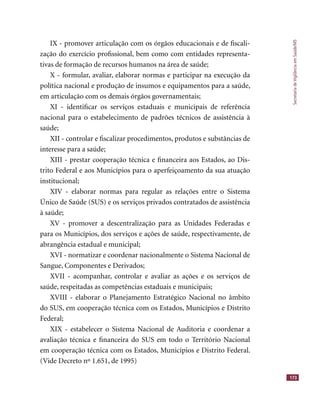 SecretariadeVigilânciaemSaúde/MS
173
IX - promover articulação com os órgãos educacionais e de ﬁscali-
zação do exercício proﬁssional, bem como com entidades representa-
tivas de formação de recursos humanos na área de saúde;
X - formular, avaliar, elaborar normas e participar na execução da
política nacional e produção de insumos e equipamentos para a saúde,
em articulação com os demais órgãos governamentais;
XI - identiﬁcar os serviços estaduais e municipais de referência
nacional para o estabelecimento de padrões técnicos de assistência à
saúde;
XII - controlar e ﬁscalizar procedimentos, produtos e substâncias de
interesse para a saúde;
XIII - prestar cooperação técnica e ﬁnanceira aos Estados, ao Dis-
trito Federal e aos Municípios para o aperfeiçoamento da sua atuação
institucional;
XIV - elaborar normas para regular as relações entre o Sistema
Único de Saúde (SUS) e os serviços privados contratados de assistência
à saúde;
XV - promover a descentralização para as Unidades Federadas e
para os Municípios, dos serviços e ações de saúde, respectivamente, de
abrangência estadual e municipal;
XVI - normatizar e coordenar nacionalmente o Sistema Nacional de
Sangue, Componentes e Derivados;
XVII - acompanhar, controlar e avaliar as ações e os serviços de
saúde, respeitadas as competências estaduais e municipais;
XVIII - elaborar o Planejamento Estratégico Nacional no âmbito
do SUS, em cooperação técnica com os Estados, Municípios e Distrito
Federal;
XIX - estabelecer o Sistema Nacional de Auditoria e coordenar a
avaliação técnica e ﬁnanceira do SUS em todo o Território Nacional
em cooperação técnica com os Estados, Municípios e Distrito Federal.
(Vide Decreto nº 1.651, de 1995)
 
