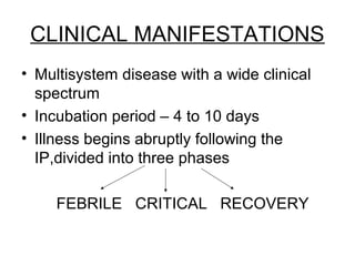 CLINICAL MANIFESTATIONS
• Multisystem disease with a wide clinical
spectrum
• Incubation period – 4 to 10 days
• Illness begins abruptly following the
IP,divided into three phases
FEBRILE CRITICAL RECOVERY
 