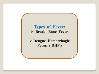 Types of Fever:
 Break Bone Fever.
 Dengue Hemorrhagic
Fever. ( DHF )
 