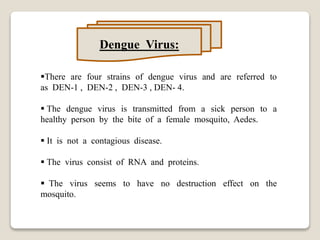 Dengue Virus:
There are four strains of dengue virus and are referred to
as DEN-1 , DEN-2 , DEN-3 , DEN- 4.
 The dengue virus is transmitted from a sick person to a
healthy person by the bite of a female mosquito, Aedes.
 It is not a contagious disease.
 The virus consist of RNA and proteins.
 The virus seems to have no destruction effect on the
mosquito.
 