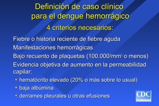 Definición de caso clínicoDefinición de caso clínico
para el dengue hemorrágicopara el dengue hemorrágico
Fiebre o historia reciente de fiebre agudaFiebre o historia reciente de fiebre aguda
Manifestaciones hemorrágicasManifestaciones hemorrágicas
Bajo recuento de plaquetas (100.000/mmBajo recuento de plaquetas (100.000/mm33
o menos)o menos)
Evidencia objetiva de aumento en la permeabilidadEvidencia objetiva de aumento en la permeabilidad
capilar:capilar:
• hematócrito elevado (20% o más sobre lo usual)hematócrito elevado (20% o más sobre lo usual)
• baja albúminabaja albúmina
• derrames pleurales u otras efusionesderrames pleurales u otras efusiones
4 criterios necesarios:4 criterios necesarios:
 