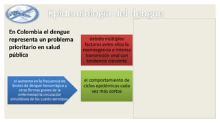 debido múltiples
factores entre ellos la
reemergencia e intensa
transmisión viral con
tendencia creciente
el comportamiento de
ciclos epidémicos cada
vez más cortos
el aumento en la frecuencia de
brotes de dengue hemorrágico y
otras formas graves de la
enfermedad la circulación
simultánea de los cuatro serotipos.
En Colombia el dengue
representa un problema
prioritario en salud
pública
 