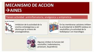 MECANISMO DE ACCION
AINES
Tienen actividad antiinflamatoria, analgesica y antipiretica.
Inhibicion de la actividad de la
enzima ciclooxigenasa y asi
disminuye la sintesis de
prostaglandinas.
En las membranas celulares inhiben
la actividad de la NADPH oxidasa en
neutrofilos y la actividad de la
fosfolipasa C en macrofagos
Algunos inhiben la funcion del
neutrofilo ( indometacina,
piroxicam, ibuprofeno)
 