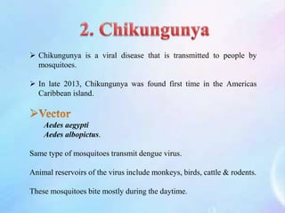  Chikungunya is a viral disease that is transmitted to people by
mosquitoes.
 In late 2013, Chikungunya was found first time in the Americas
Caribbean island.
Aedes aegypti
Aedes albopictus.
Same type of mosquitoes transmit dengue virus.
Animal reservoirs of the virus include monkeys, birds, cattle & rodents.
These mosquitoes bite mostly during the daytime.
 