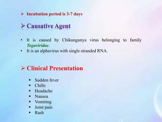  Incubation period is 3-7 days
• It is caused by Chikungunya virus belonging to family
Togaviridae.
• It is an alphavirus with single stranded RNA.
 Clinical Presentation
 Sudden fever
 Chills
 Headache
 Nausea
 Vomiting
 Joint pain
 Rash
 