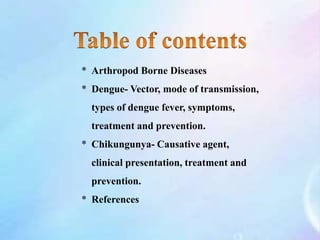 * Arthropod Borne Diseases
* Dengue- Vector, mode of transmission,
types of dengue fever, symptoms,
treatment and prevention.
* Chikungunya- Causative agent,
clinical presentation, treatment and
prevention.
* References
 