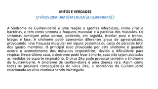 MITOS E VERDADES
O VÍRUS ZIKA TAMBÉM CAUSA GUILLAIN-BARRÉ?
A Síndrome de Guillain-Barré é uma reação a agentes infecciosos, como vírus e
bactérias, e tem como sintoma a fraqueza muscular e a paralisia dos músculos. Os
sintomas começam pelas pernas, podendo, em seguida, irradiar para o tronco,
braços e face. A síndrome pode apresentar diferentes graus de agressividade,
provocando leve fraqueza muscular em alguns pacientes ou casos de paralisia total
dos quatro membros. O principal risco provocado por esta síndrome é quando
ocorre o acometimento dos músculos respiratórios, devido a dificuldade para
respirar. Nesse último caso, a síndrome pode levar à morte, caso não sejam adotadas
as medidas de suporte respiratório. O vírus Zika pode provocar também a Síndrome
de Guillain-barré. A Síndrome de Guillain-Barré é uma doença rara. Assim como
todas as possíveis consequências do vírus Zika, a ocorrência da Guillain-Barré
relacionada ao vírus continua sendo investigada.
 