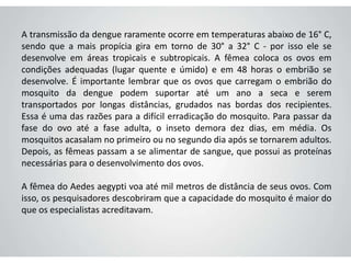 A transmissão da dengue raramente ocorre em temperaturas abaixo de 16° C,
sendo que a mais propícia gira em torno de 30° a 32° C - por isso ele se
desenvolve em áreas tropicais e subtropicais. A fêmea coloca os ovos em
condições adequadas (lugar quente e úmido) e em 48 horas o embrião se
desenvolve. É importante lembrar que os ovos que carregam o embrião do
mosquito da dengue podem suportar até um ano a seca e serem
transportados por longas distâncias, grudados nas bordas dos recipientes.
Essa é uma das razões para a difícil erradicação do mosquito. Para passar da
fase do ovo até a fase adulta, o inseto demora dez dias, em média. Os
mosquitos acasalam no primeiro ou no segundo dia após se tornarem adultos.
Depois, as fêmeas passam a se alimentar de sangue, que possui as proteínas
necessárias para o desenvolvimento dos ovos.
A fêmea do Aedes aegypti voa até mil metros de distância de seus ovos. Com
isso, os pesquisadores descobriram que a capacidade do mosquito é maior do
que os especialistas acreditavam.
 