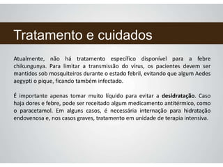 Tratamento e cuidados
Atualmente, não há tratamento específico disponível para a febre
chikungunya. Para limitar a transmissão do vírus, os pacientes devem ser
mantidos sob mosquiteiros durante o estado febril, evitando que algum Aedes
aegypti o pique, ficando também infectado.
É importante apenas tomar muito líquido para evitar a desidratação. Caso
haja dores e febre, pode ser receitado algum medicamento antitérmico, como
o paracetamol. Em alguns casos, é necessária internação para hidratação
endovenosa e, nos casos graves, tratamento em unidade de terapia intensiva.
 