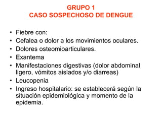 GRUPO 1
CASO SOSPECHOSO DE DENGUE
• Fiebre con:
• Cefalea o dolor a los movimientos oculares.
• Dolores osteomioarticulares.
• Exantema
• Manifestaciones digestivas (dolor abdominal
ligero, vómitos aislados y/o diarreas)
• Leucopenia
• Ingreso hospitalario: se establecerá según la
situación epidemiológica y momento de la
epidemia.
 