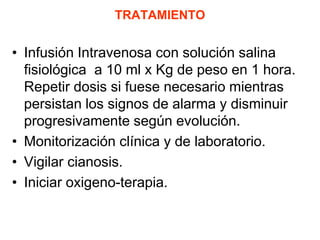 TRATAMIENTO
• Infusión Intravenosa con solución salina
fisiológica a 10 ml x Kg de peso en 1 hora.
Repetir dosis si fuese necesario mientras
persistan los signos de alarma y disminuir
progresivamente según evolución.
• Monitorización clínica y de laboratorio.
• Vigilar cianosis.
• Iniciar oxigeno-terapia.
 