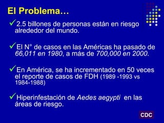 El Problema…
2.5 billones de personas están en riesgo
 alrededor del mundo.

El N° de casos en las Américas ha pasado de
 66,011 en 1980, a más de 700,000 en 2000.

En América, se ha incrementado en 50 veces
 el reporte de casos de FDH (1989 -1993 vs
 1984-1988)

Hiperinfestación de Aedes aegypti   en las
 áreas de riesgo.
                                             CDC
 