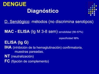 DENGUE
               Diagnóstico
D. Serológico: métodos (no discrimina serotipos)

MAC - ELISA (Ig M 3-8 sem) sensibilidad (90–97%)
                                     especificidad 98%
ELISA (Ig G)
IHA (inhibición de la hemaglutinación) confirmatoria,
         muestras pareadas.
NT   (neutralización)
FC   (fijación de complemento)
 