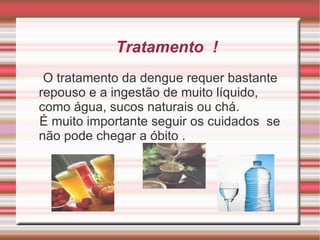 Tratamento  ! O tratamento da dengue requer bastante repouso e a ingestão de muito líquido, como água, sucos naturais ou chá.  É muito importante seguir os cuidados  se não pode chegar a óbito . 