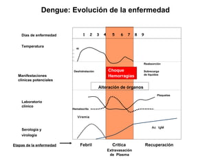 1 2 3 4 5 6 7 8 9
40
Viremia
Etapas de la enfermedad Febril Crítica Recuperación
Choque
Hemorragias
Reabsorción
Sobrecarga
de líquidos
Deshidratación
Alteración de órganos
Días de enfermedad
Temperatura
Manifestaciones
clínicas potenciales
Laboratorio
clínico
Serología y
virología
Plaquetas
Hematocrito
Extravasación
de Plasma
Ac IgM
Dengue: Evolución de la enfermedad
 