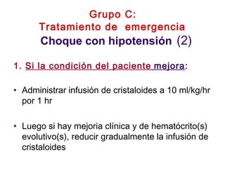 Grupo C:
Tratamiento de emergencia
Choque con hipotensión (2)
1. Si la condición del paciente mejora:
• Administrar infusión de cristaloides a 10 ml/kg/hr
por 1 hr
• Luego si hay mejoria clínica y de hematócrito(s)
evolutivo(s), reducir gradualmente la infusión de
cristaloides
 