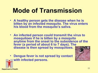 Mode of Transmission
• A healthy person gets the disease when he is
bitten by an infected mosquito. The virus enters
his blood from the mosquito’s saliva.
• An infected person could transmit the virus to
mosquitoes if he is bitten by a mosquito
anytime from the onset to the subsidence of the
fever (a period of about 6 to 7 days). The
disease is then spread by mosquitoes.
• Dengue fever is not spread by contact
with infected persons.
13

 