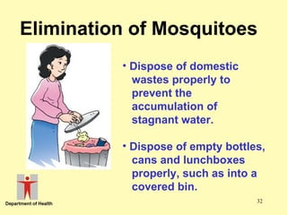 Elimination of Mosquitoes
• Dispose of domestic
wastes properly to
prevent the
accumulation of
stagnant water.
• Dispose of empty bottles,
cans and lunchboxes
properly, such as into a
covered bin.
32

 