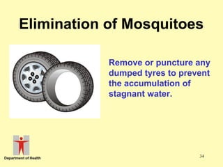 Elimination of Mosquitoes
Remove or puncture any
dumped tyres to prevent
the accumulation of
stagnant water.

34

 