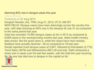 Alarming 80% rise in dengue cases this year
Times of India
Published on 21 Aug 2013
Durgesh Nandan Jha, TNN | Aug 21, 2013, 07.51 AM IST
NEW DELHI: Dengue cases have risen alarmingly across the country this
year, with data showing an 80% rise in the disease till July 31 as compared
to the same period last year.
India has recorded 15,983 dengue cases so far in 2013 as compared to
8,899 cases in the corresponding months last year, latest health ministry
data shows. But the good news is, while the cases have risen sharply,
fatalities have actually declined - 56 as compared to 76 last year.
Kerala reported most dengue cases at 5,801, followed by Karnataka (3,775),
Tamil Nadu (3079) and Maharashtra (961) till end-July. Delhi witnessed a
sharp rise in cases over the last few weeks, with the total this year touching
54. No one has died due to dengue in the capital so far.

7

 