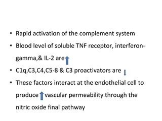 Rapid activation of the complement system Blood level of soluble TNF receptor, interferon-gamma,& IL-2 are  C1q,C3,C4,C5-8 & C3 proactivators are  These factors interact at the endothelial cell to produce  vascular permeability through the nitric oxide final pathway 